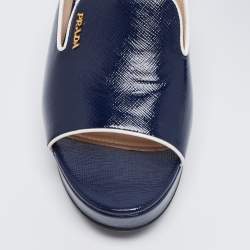 Pre Owned Prada Navy Blue Saffiano Patent Leather Wedge Slide Sandal Size 39.5