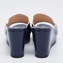 Pre Owned Prada Navy Blue Saffiano Patent Leather Wedge Slide Sandal Size 39.5
