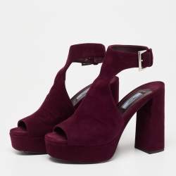 Pre Owned Prada Plum Cut-Out Suede Ankle-Strap Platform Sandals Size 38