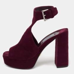 Pre Owned Prada Plum Cut-Out Suede Ankle-Strap Platform Sandals Size 38