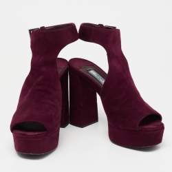 Pre Owned Prada Plum Cut-Out Suede Ankle-Strap Platform Sandals Size 38