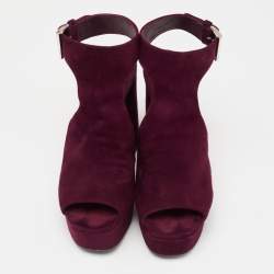 Pre Owned Prada Plum Cut-Out Suede Ankle-Strap Platform Sandals Size 38