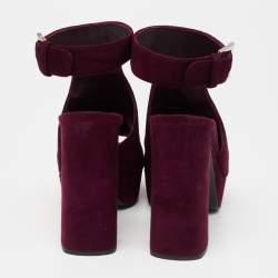 Pre Owned Prada Plum Cut-Out Suede Ankle-Strap Platform Sandals Size 38