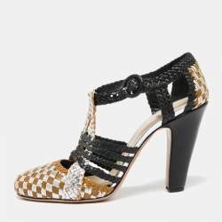 Pre Owned Prada Tri-Color Woven Leather Ankle-Strap Pumps Size 40