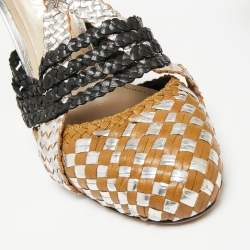Pre Owned Prada Tri-Color Woven Leather Ankle-Strap Pumps Size 40