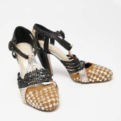 Pre Owned Prada Tri-Color Woven Leather Ankle-Strap Pumps Size 40