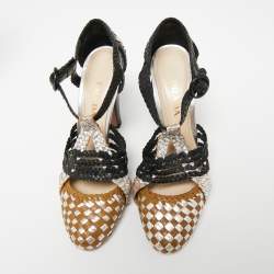 Pre Owned Prada Tri-Color Woven Leather Ankle-Strap Pumps Size 40