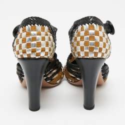 Pre Owned Prada Tri-Color Woven Leather Ankle-Strap Pumps Size 40