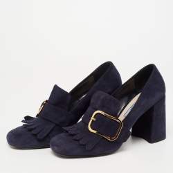 Pre Owned Prada Navy Blue Suede Fringed Pumps Size 39