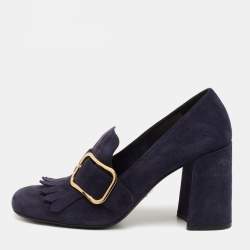 Pre Owned Prada Navy Blue Suede Fringed Pumps Size 39