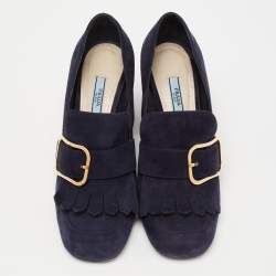 Pre Owned Prada Navy Blue Suede Fringed Pumps Size 39