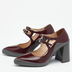 Prada Burgundy Leather Dual Strap Mary Jane Block Heel Pumps Size 37.5