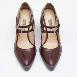 Prada Burgundy Leather Dual Strap Mary Jane Block Heel Pumps Size 37.5