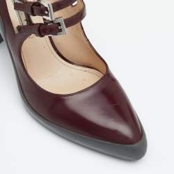 Prada Burgundy Leather Dual Strap Mary Jane Block Heel Pumps Size 37.5