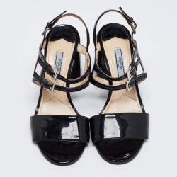 Pre Owned Prada Black Patent Leather Ankle-Strap Sandals Size 36.5
