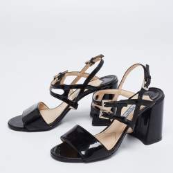 Pre Owned Prada Black Patent Leather Ankle-Strap Sandals Size 36.5