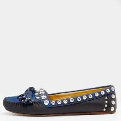 Prada Black/Blue Leather Studded Slip On Loafers Size 36