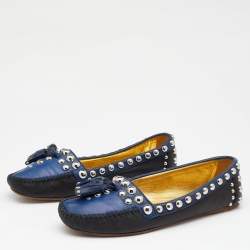 Prada Black/Blue Leather Studded Slip On Loafers Size 36