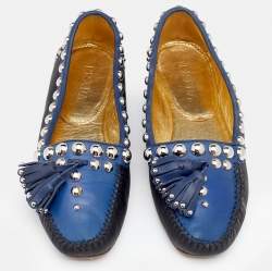 Prada Black/Blue Leather Studded Slip On Loafers Size 36