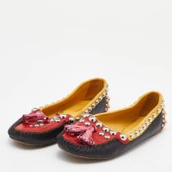 Pre Owned Prada Multicolor Leather Studded Tassel Slip On Loafers Size 36