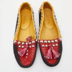 Pre Owned Prada Multicolor Leather Studded Tassel Slip On Loafers Size 36