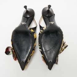 Pre Owned Prada Multicolor Leather and Printed Fabric Bow Pointed-Toe Slingback Sandals Size 39.5