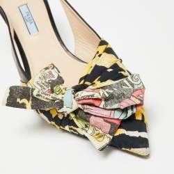 Pre Owned Prada Multicolor Leather and Printed Fabric Bow Pointed-Toe Slingback Sandals Size 39.5