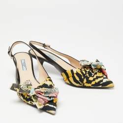 Pre Owned Prada Multicolor Leather and Printed Fabric Bow Pointed-Toe Slingback Sandals Size 39.5