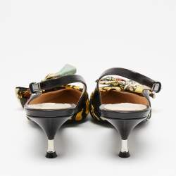 Pre Owned Prada Multicolor Leather and Printed Fabric Bow Pointed-Toe Slingback Sandals Size 39.5