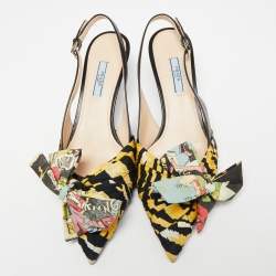 Pre Owned Prada Multicolor Leather and Printed Fabric Bow Pointed-Toe Slingback Sandals Size 39.5