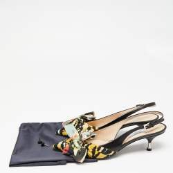 Pre Owned Prada Multicolor Leather and Printed Fabric Bow Pointed-Toe Slingback Sandals Size 39.5