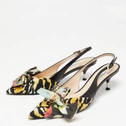 Pre Owned Prada Multicolor Leather and Printed Fabric Bow Pointed-Toe Slingback Sandals Size 39.5