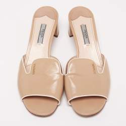Pre Owned Prada Beige Saffiano Leather Block Heel Slide Sandals Size 39
