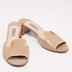 Pre Owned Prada Beige Saffiano Leather Block Heel Slide Sandals Size 39