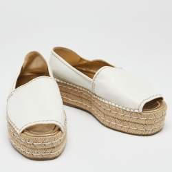 Pre Owned Prada White Leather Peep Toe Platform Espadrille Flats Size 39