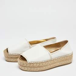 Pre Owned Prada White Leather Peep Toe Platform Espadrille Flats Size 39