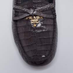 Pre Owned Prada Grey Croc Embossed Leather Bow Slip On Loafers Size 37