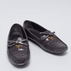 Pre Owned Prada Grey Croc Embossed Leather Bow Slip On Loafers Size 37
