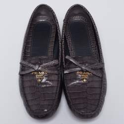 Pre Owned Prada Grey Croc Embossed Leather Bow Slip On Loafers Size 37