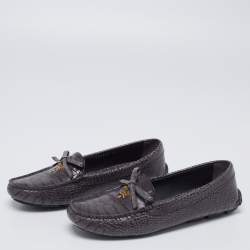Pre Owned Prada Grey Croc Embossed Leather Bow Slip On Loafers Size 37