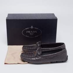 Pre Owned Prada Grey Croc Embossed Leather Bow Slip On Loafers Size 37