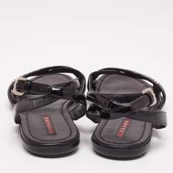Pre Owned Prada Black Patent Leather Strappy Ankle Strap Flat Sandals Size 38.5