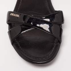 Pre Owned Prada Black Patent Leather Strappy Ankle Strap Flat Sandals Size 38.5