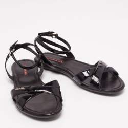 Pre Owned Prada Black Patent Leather Strappy Ankle Strap Flat Sandals Size 38.5