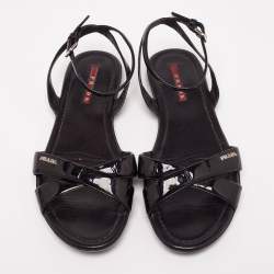 Pre Owned Prada Black Patent Leather Strappy Ankle Strap Flat Sandals Size 38.5