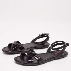 Pre Owned Prada Black Patent Leather Strappy Ankle Strap Flat Sandals Size 38.5