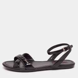 Pre Owned Prada Black Patent Leather Strappy Ankle Strap Flat Sandals Size 38.5