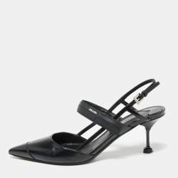 Pre Owned Prada Black Leather And Rubber Pointed Toe Slingback Sandals Size 37