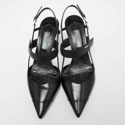 Pre Owned Prada Black Leather And Rubber Pointed Toe Slingback Sandals Size 37
