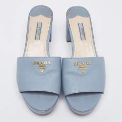 Pre Owned Prada Blue Saffiano Leather Block Heel Slide Sandals Size 41